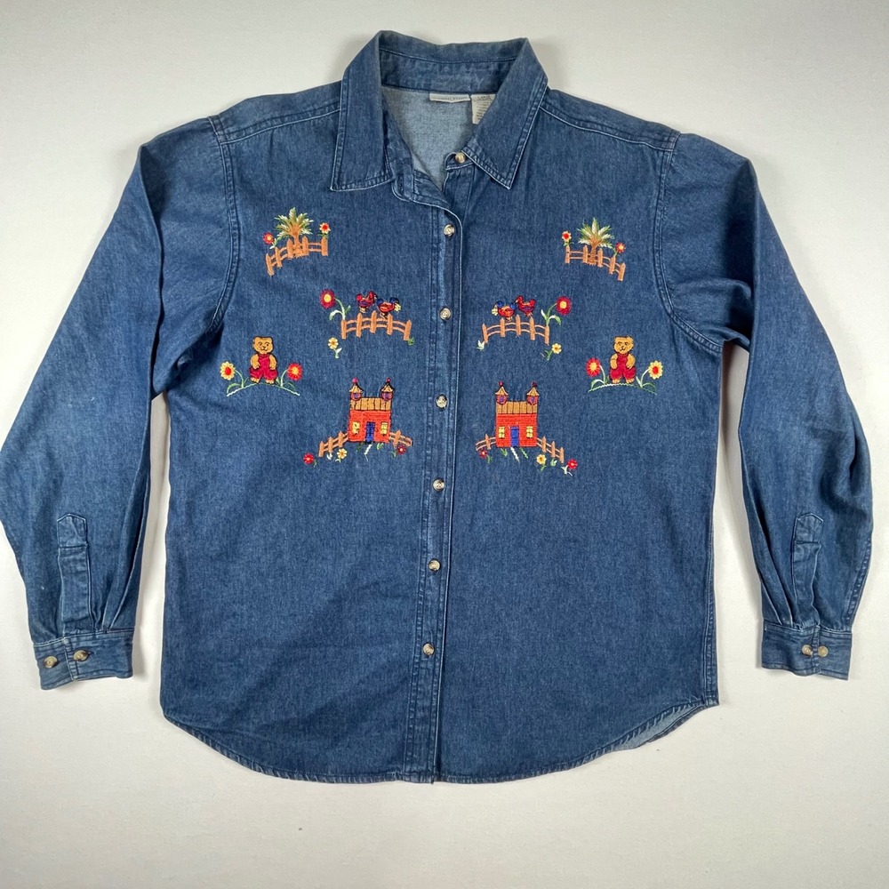 Cabin Creek Denim Shirt‎ L Embroidered Cottagecore Farmcore Button Down Top - Picture 6 of 8